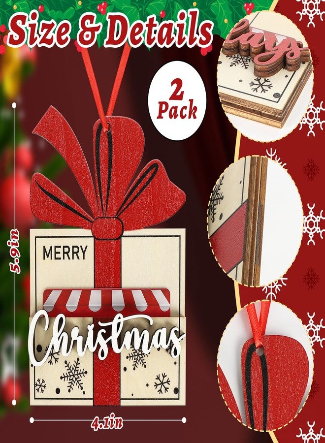 Yewfold 2 Pcs Christmas Card Holder Wooden Gift Box Shape Money and Card Holder Christmas Tree Ornaments for Winter Holiday Party Supplies (Gift) - Image 2